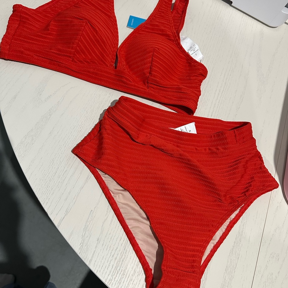 Red Textured Bikini Set